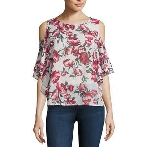 Buffalo Jeans Floral Red Black Cold Shoulder Top S